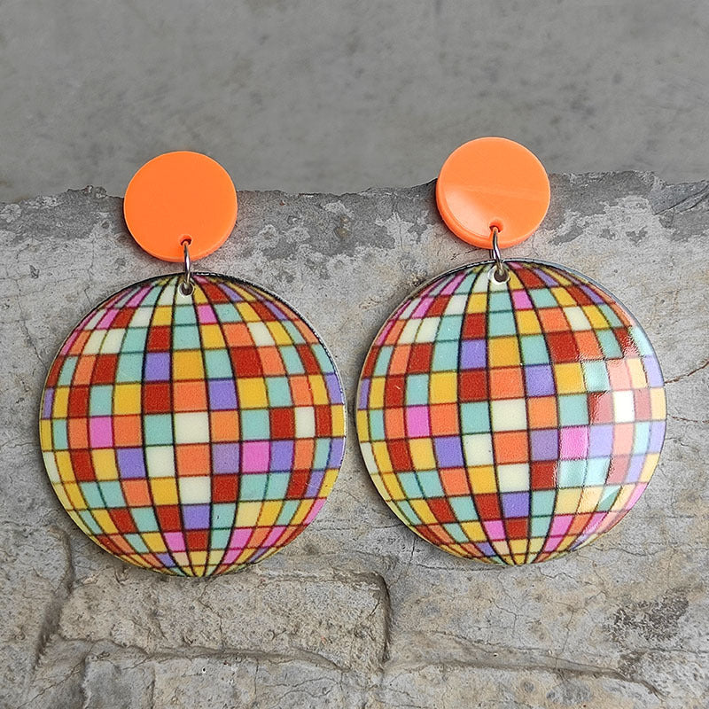 Wholesale 2 Pairs/Pack Heart Shape Eyes Rainbow Retro Disco Ball Acrylic Earrings